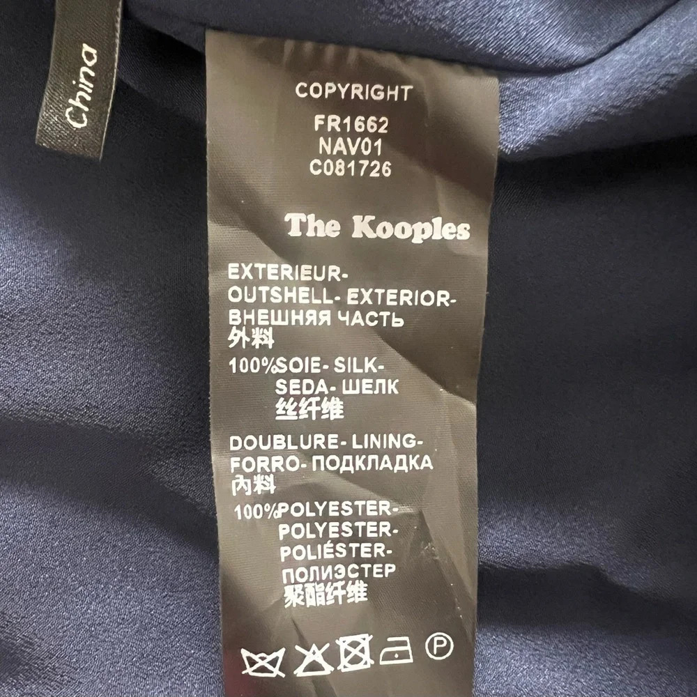 The Kooples Navy Blue Bird Print Silk Chiffon Dress Size Medium Ruffle Mini - Picture 14 of 16